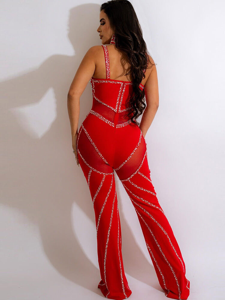 Rhinestone Spaghetti Strap Mesh Patchwork Jumpsuit
