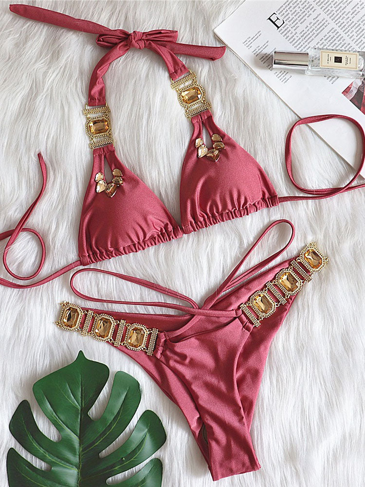 Two Piece Rhinestone Halter Bikini Swimsuit
