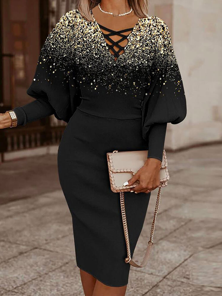 Long Lantern Sleeve Printed Midi Dress