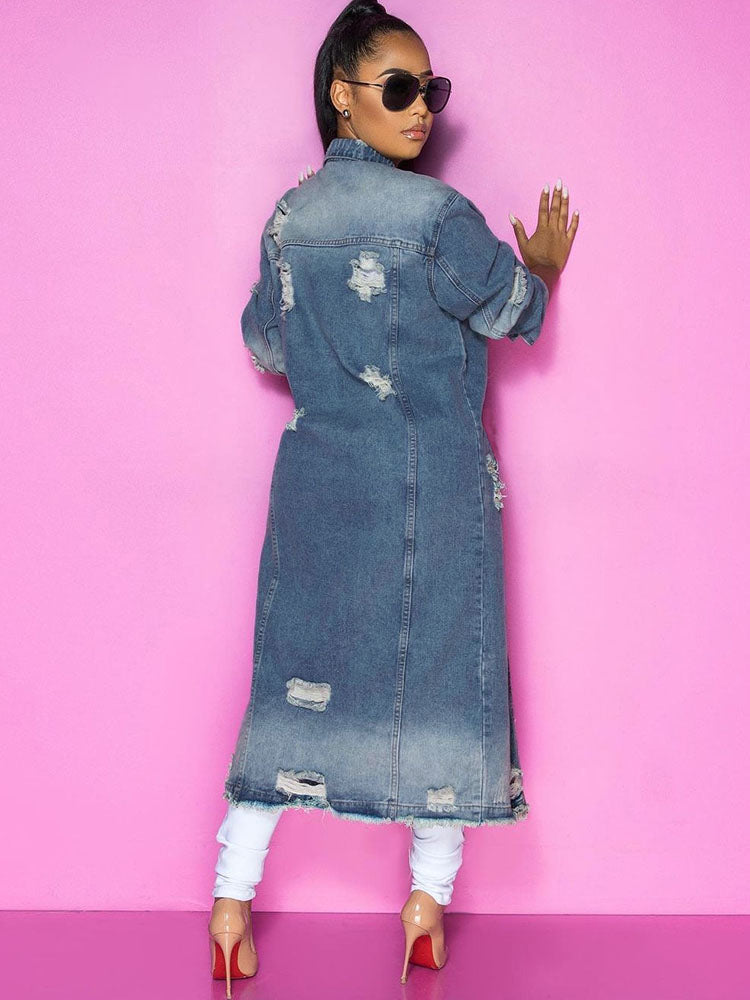 Long Sleeve Ripped Long Denim Jacket