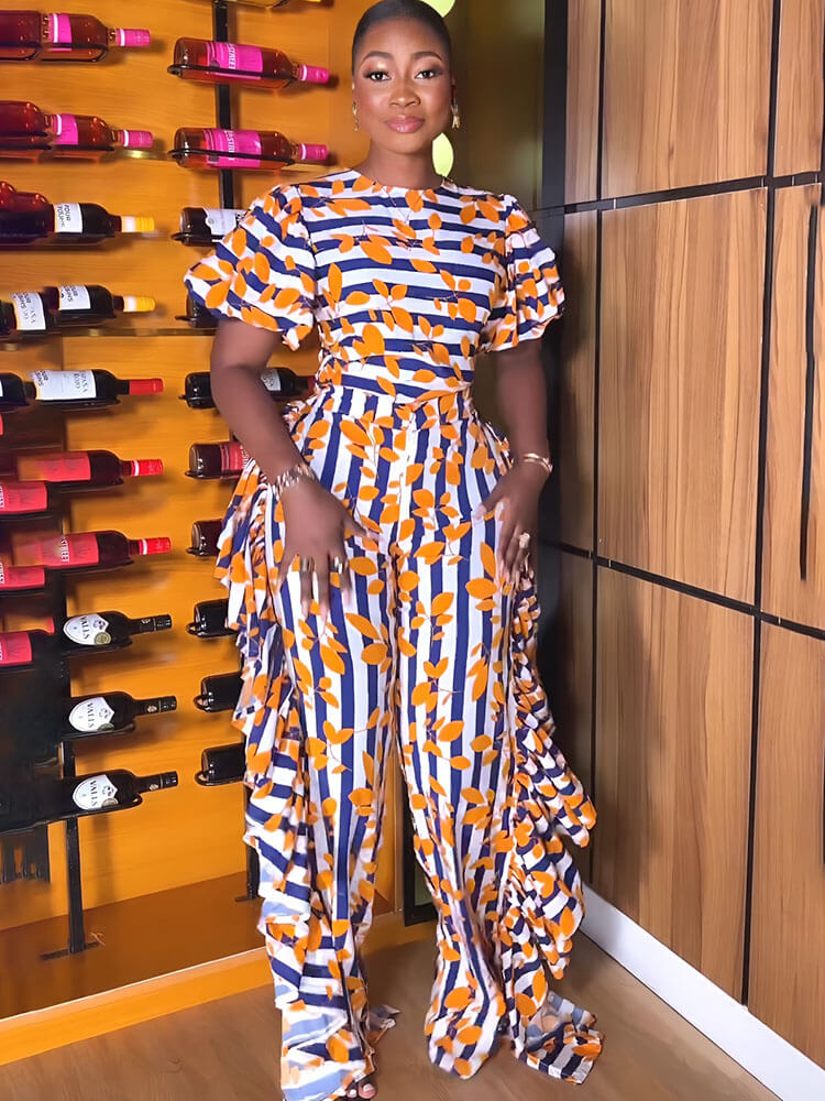 Short Sleeve Striped Print Ruffle Jumpsuit