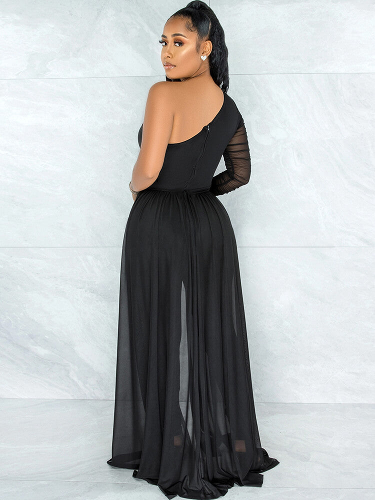 Mesh Patchwork One Shoulder Long Sleeve Jumpsuit