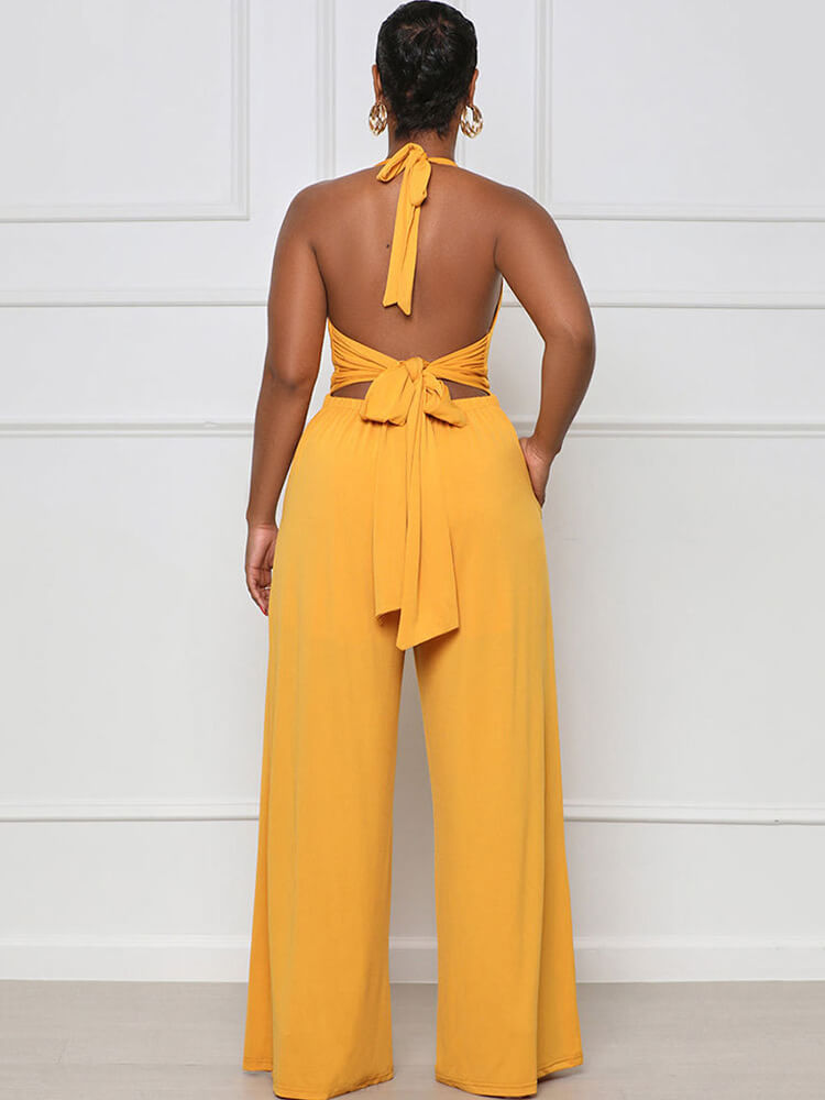 Halter Neck Backless Lace Up Wide Leg Jumpsuit