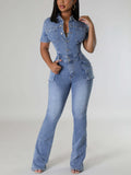 Short Sleeve Button Multi-Pocket Denim Jumpsuit
