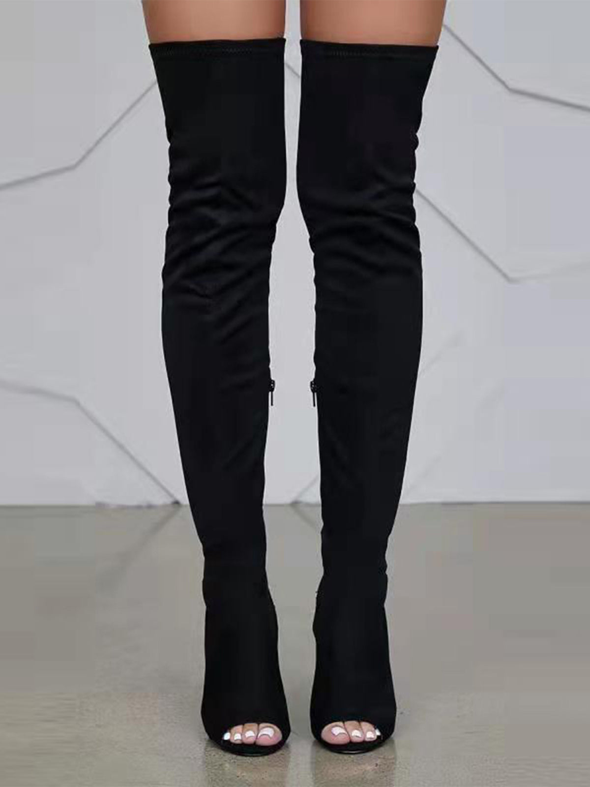 Open-Toe Side Zipper Suede Knee-High Boots