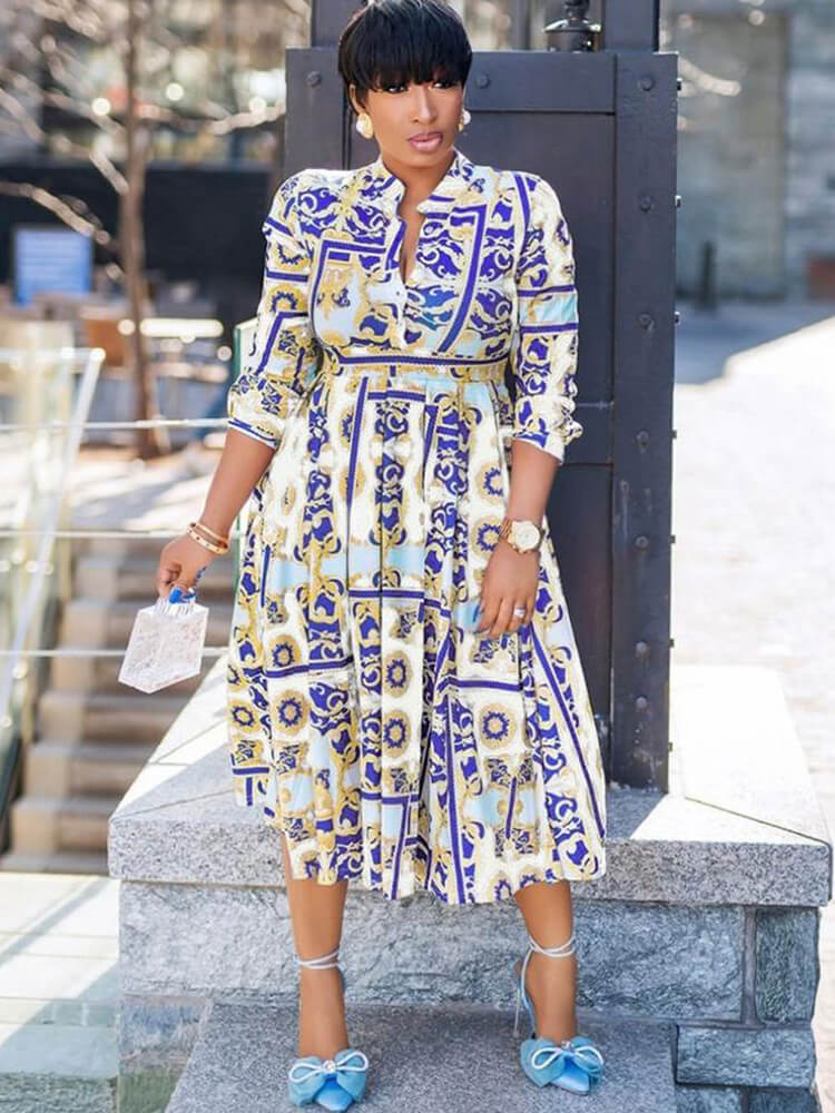 Long Sleeve V Neck Floral Print Midi Dress