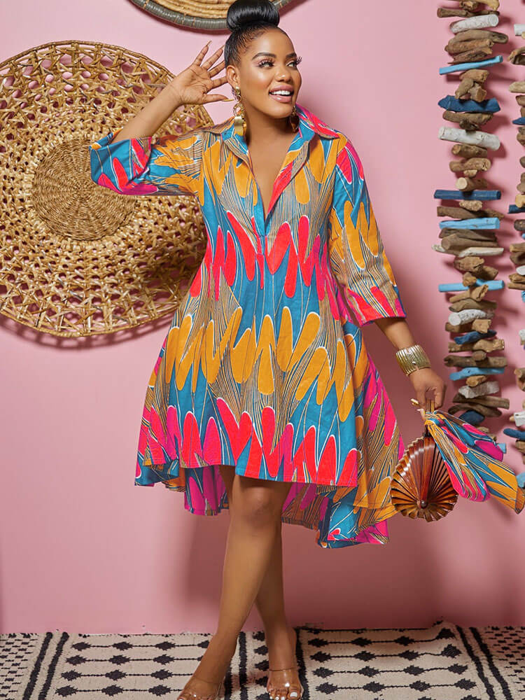 Long Sleeves Figure Print Midi Shirt Dress
