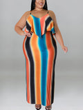 Plus Size Ruffle Strap Rainbow Stripe Print Dress