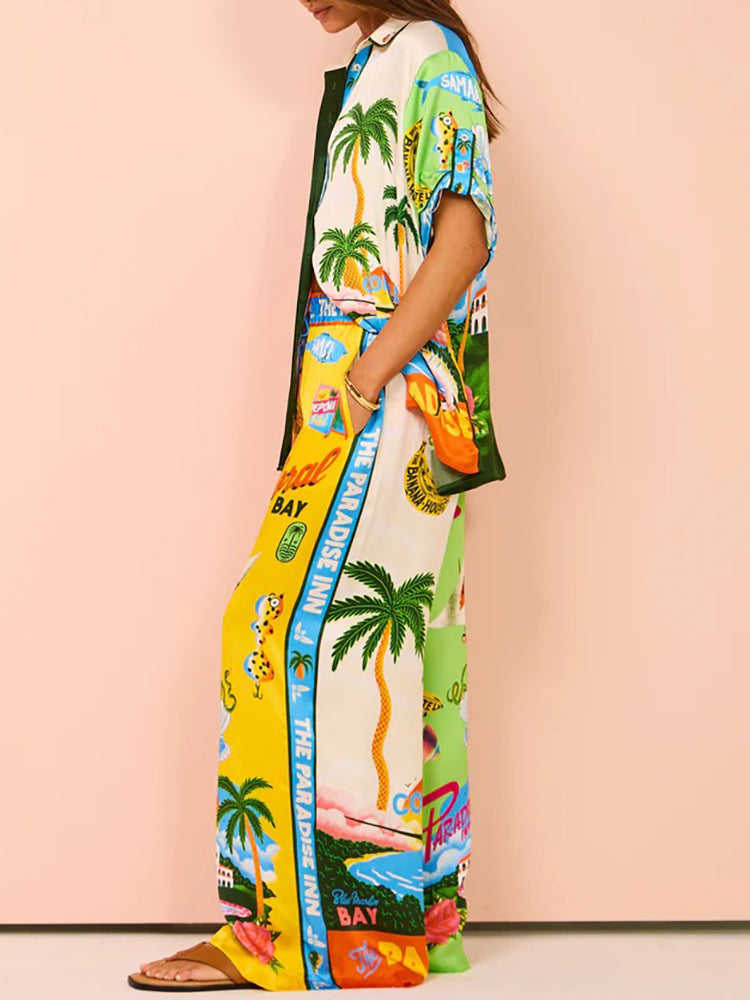 Printed Shirt Wide Leg Pants Set