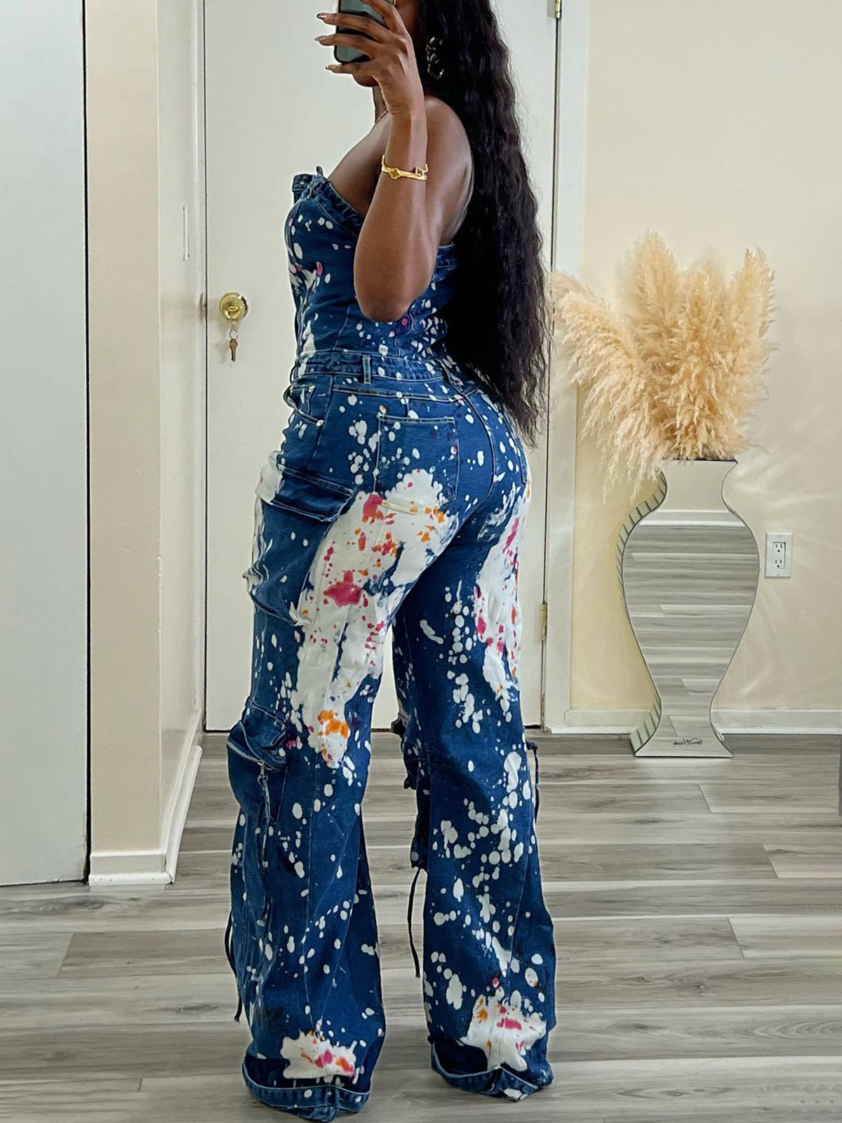 Strapless Color Paint Cargo Denim Jumpsuit