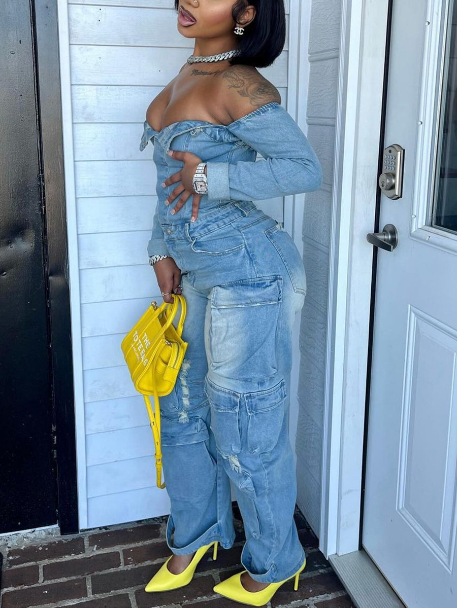 Off-Shoulder Pockets Denim Jumpsuit