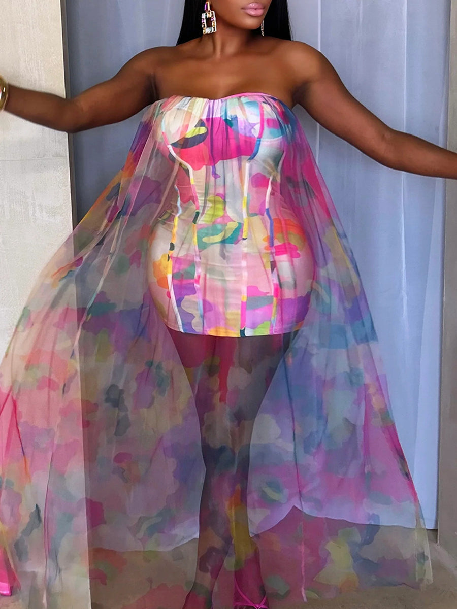 Colorblock Mesh Patchwork Strapless Dress