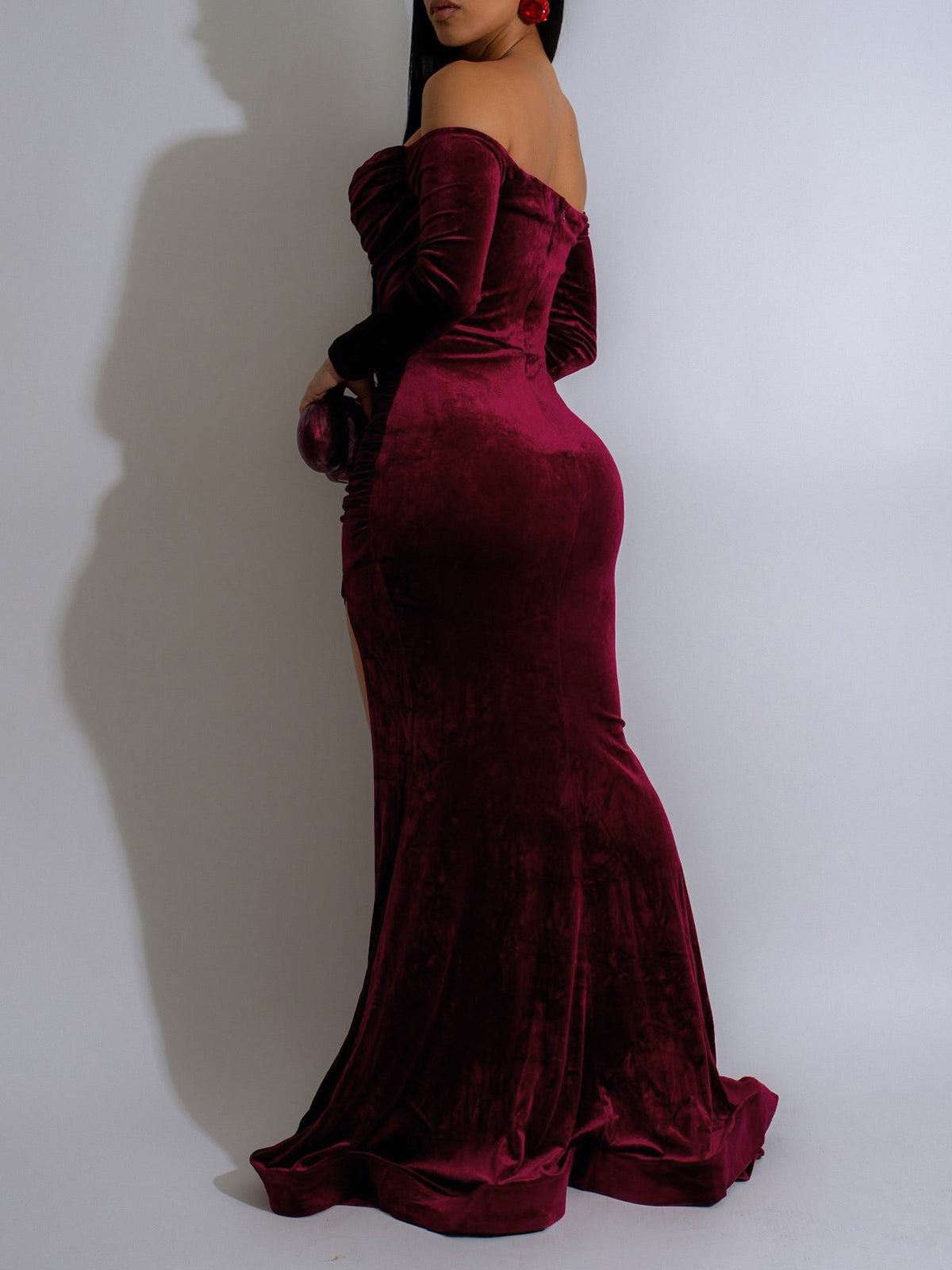 Off Shoulder Velvet Split Maxi Dress