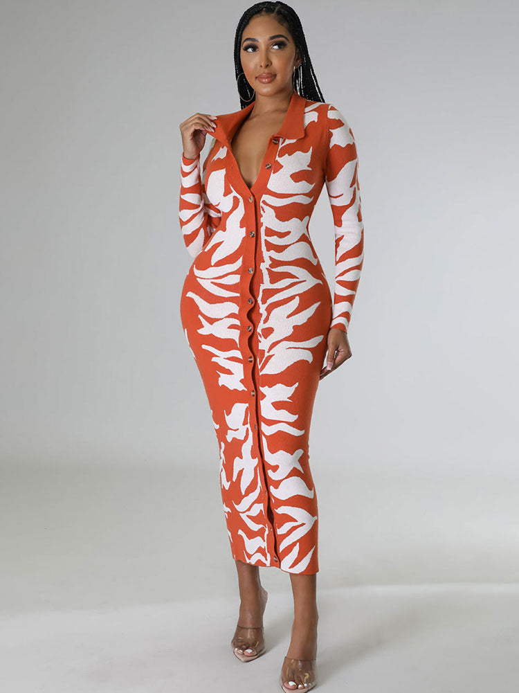 Long Sleeves Lapel Button Midi Dress