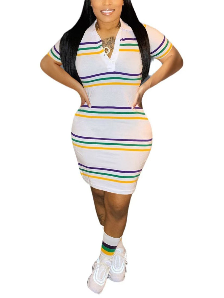 Digital Print Short Sleeve Shirt Collar Mini Dress