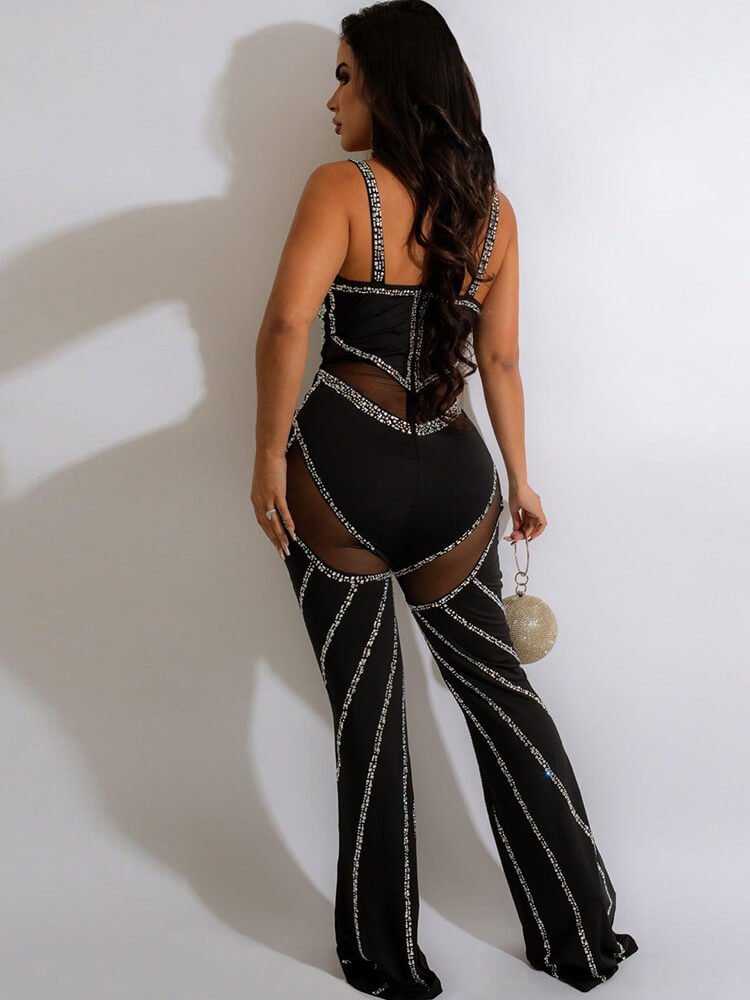 Rhinestone Spaghetti Strap Mesh Patchwork Jumpsuit