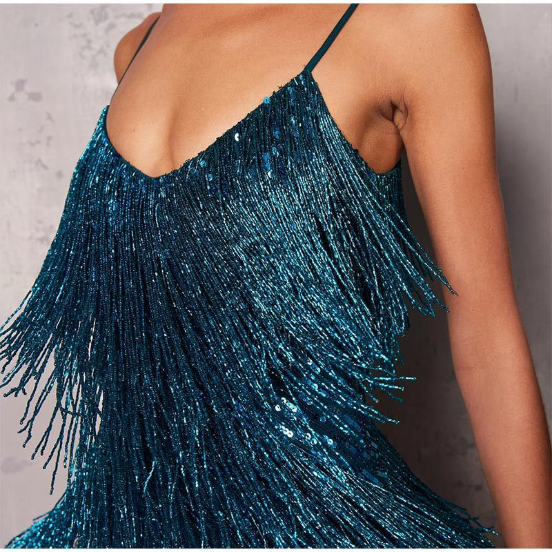 Sleeveless Tassels Sequins Feather Hem Mini Dress