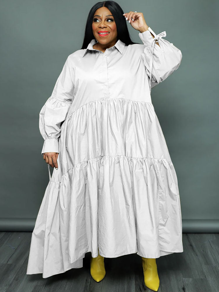 Plus Size Long Sleeves Ruffle Hem Maxi Dress