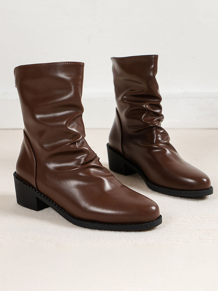 PU Leather Solid Color Ruched Anklet Boots