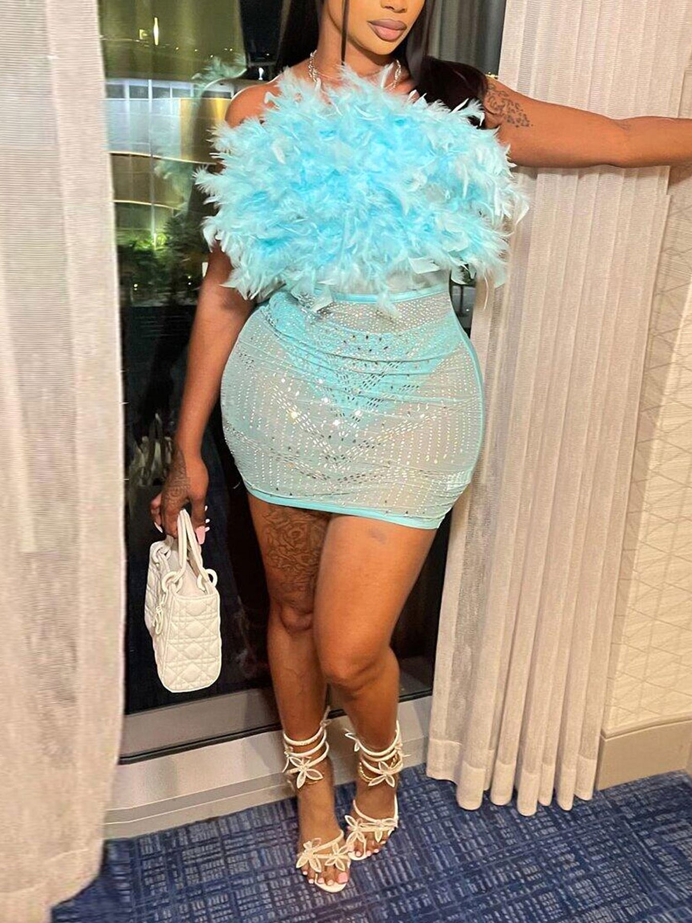 Feather Rhinestone Strapless Mini Dress