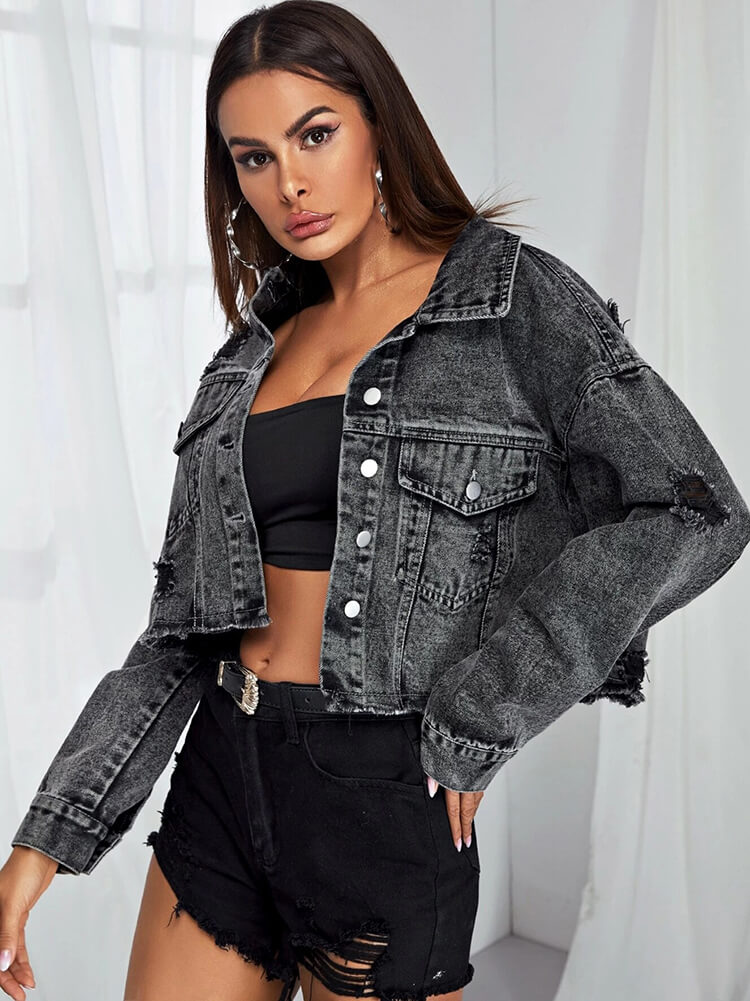 Denim Long Sleeve Ripped Hem Short Jacket