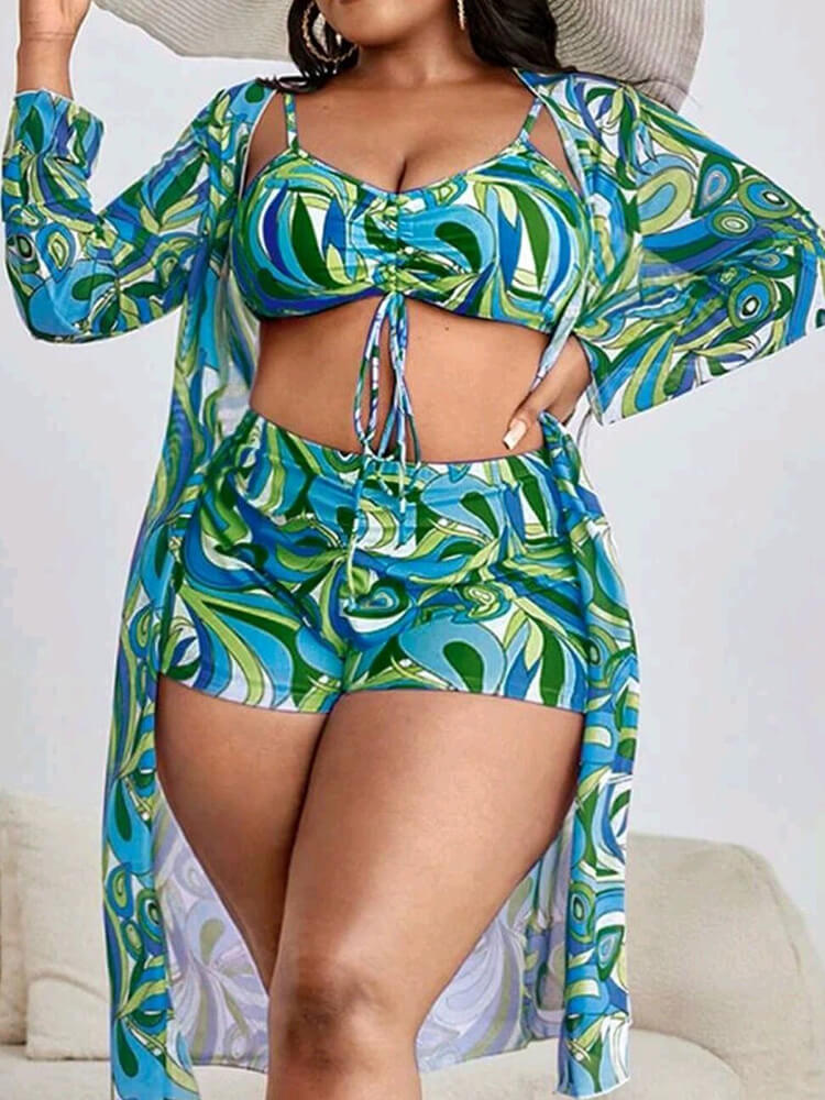 Plus Size Three Piece Floral Print Short Set