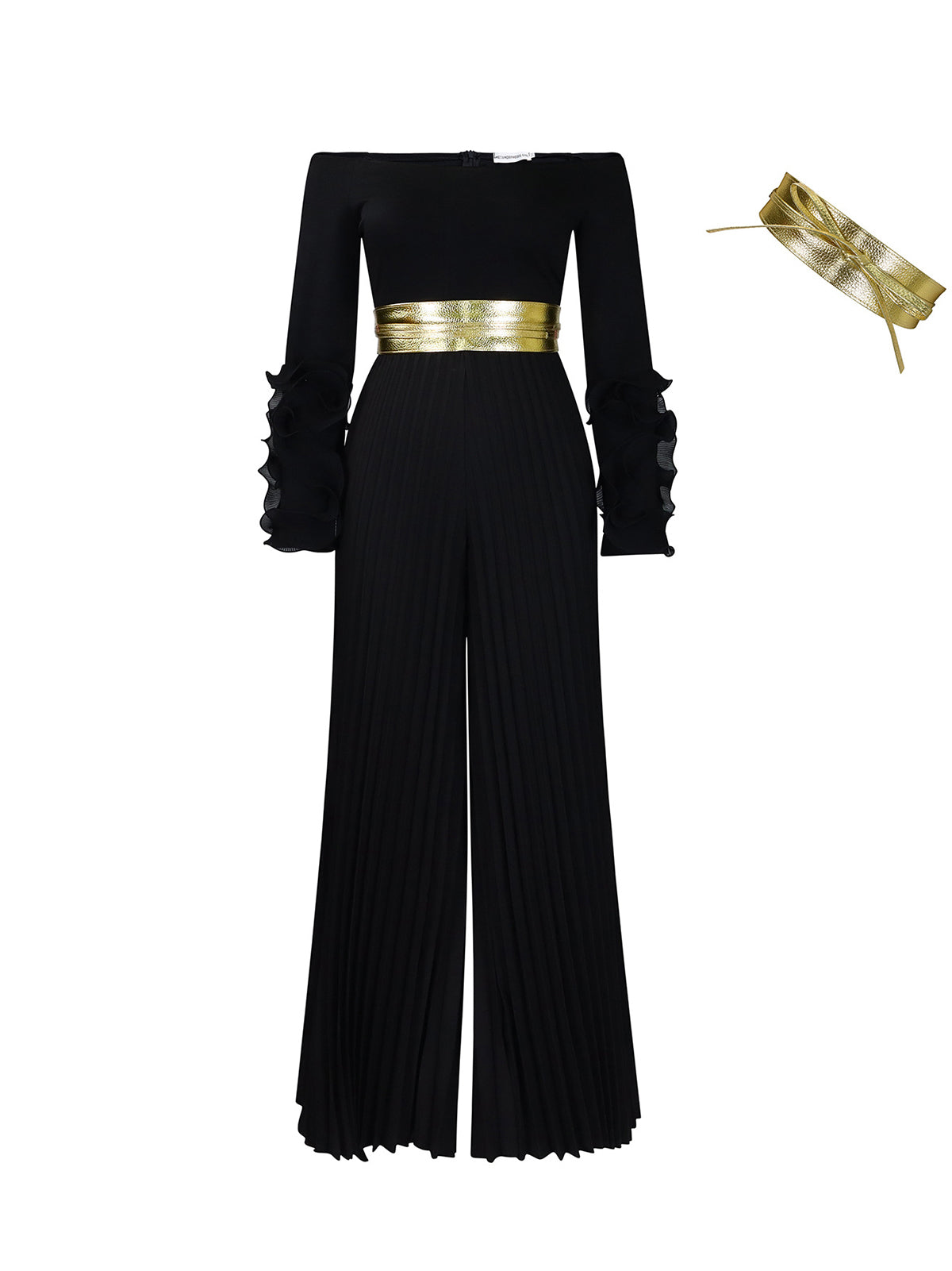 Off-Shoulder Ruffle Pleated Wide Leg Jumpsuit