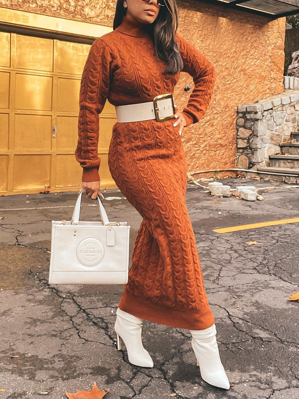 Solid Color Turtleneck Knit Dress