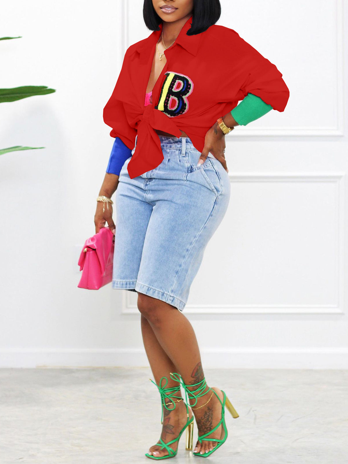 Long Sleeve Patchwork Button Blouse Top