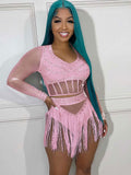 Mesh Long Sleeve Rhinestone Top Tassel Skirts