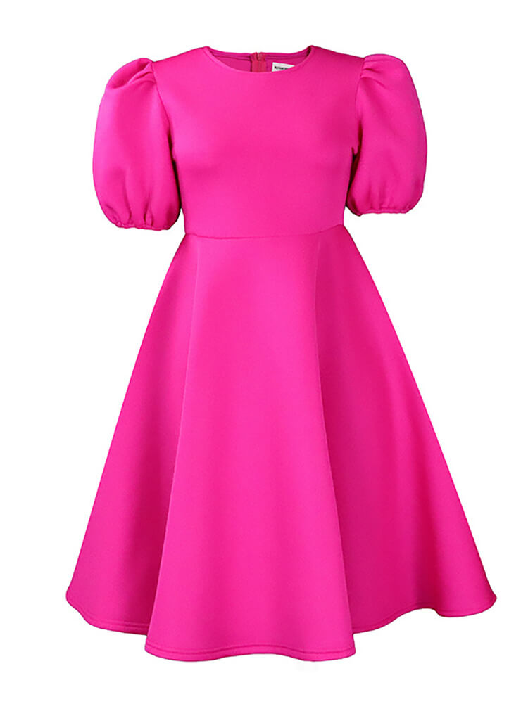 Puff Sleeve Solid Ruched Bodycon Midi Dress