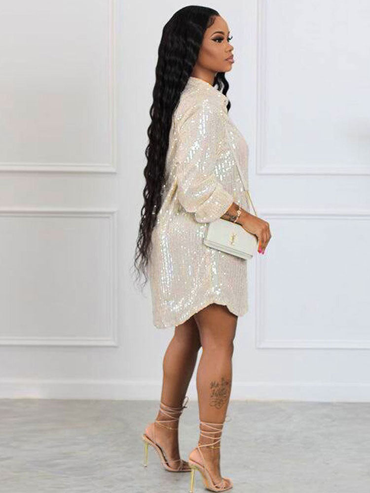 Glitter Sequins Long Sleeve Mini Shirt Dress