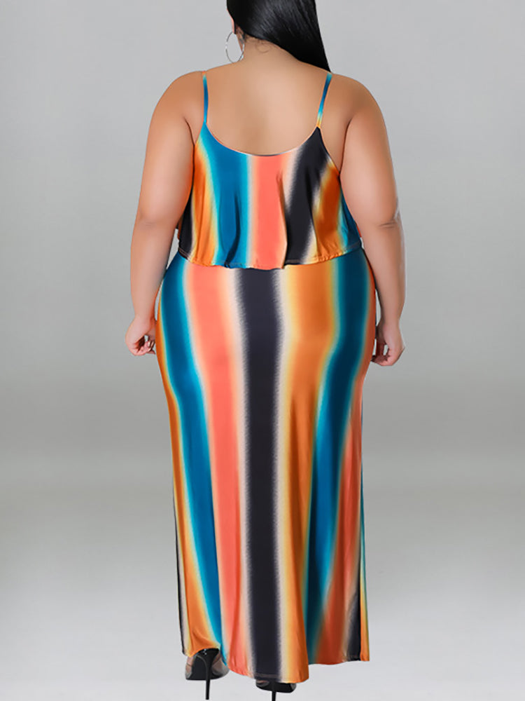 Plus Size Ruffle Strap Rainbow Stripe Print Dress