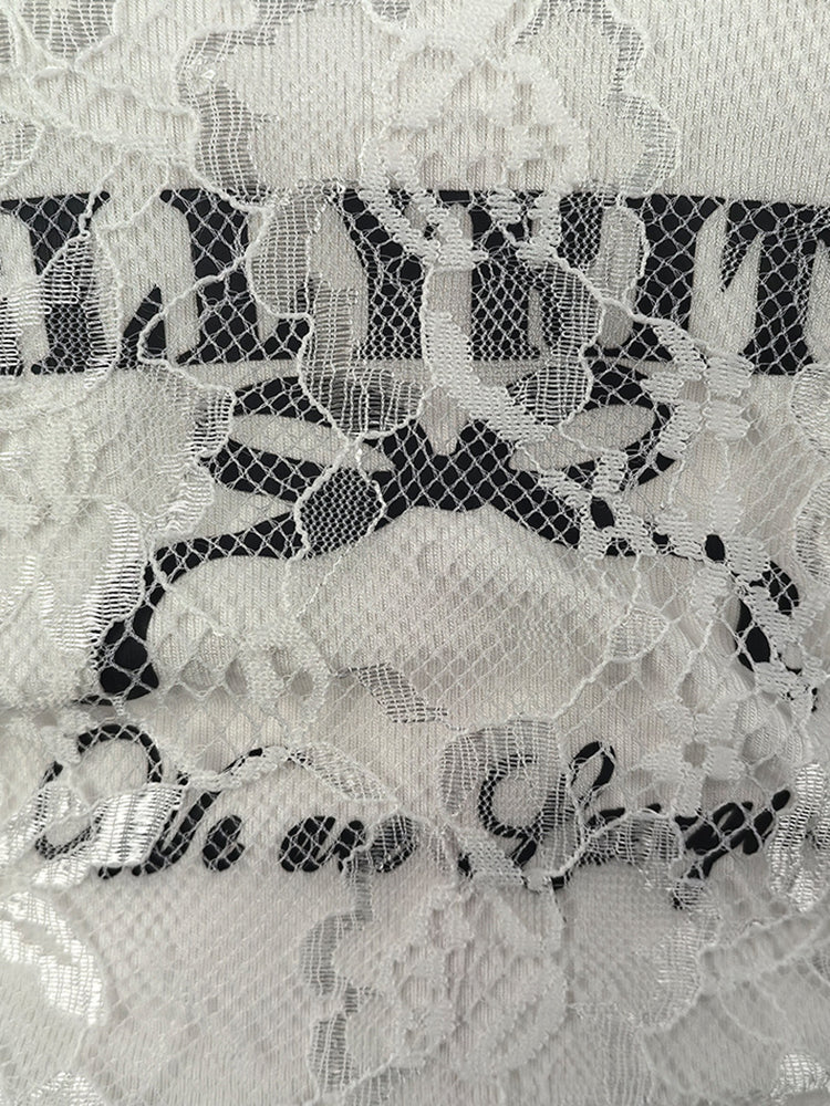 Lace Trim Letter Print Top Pleated Skirt Set