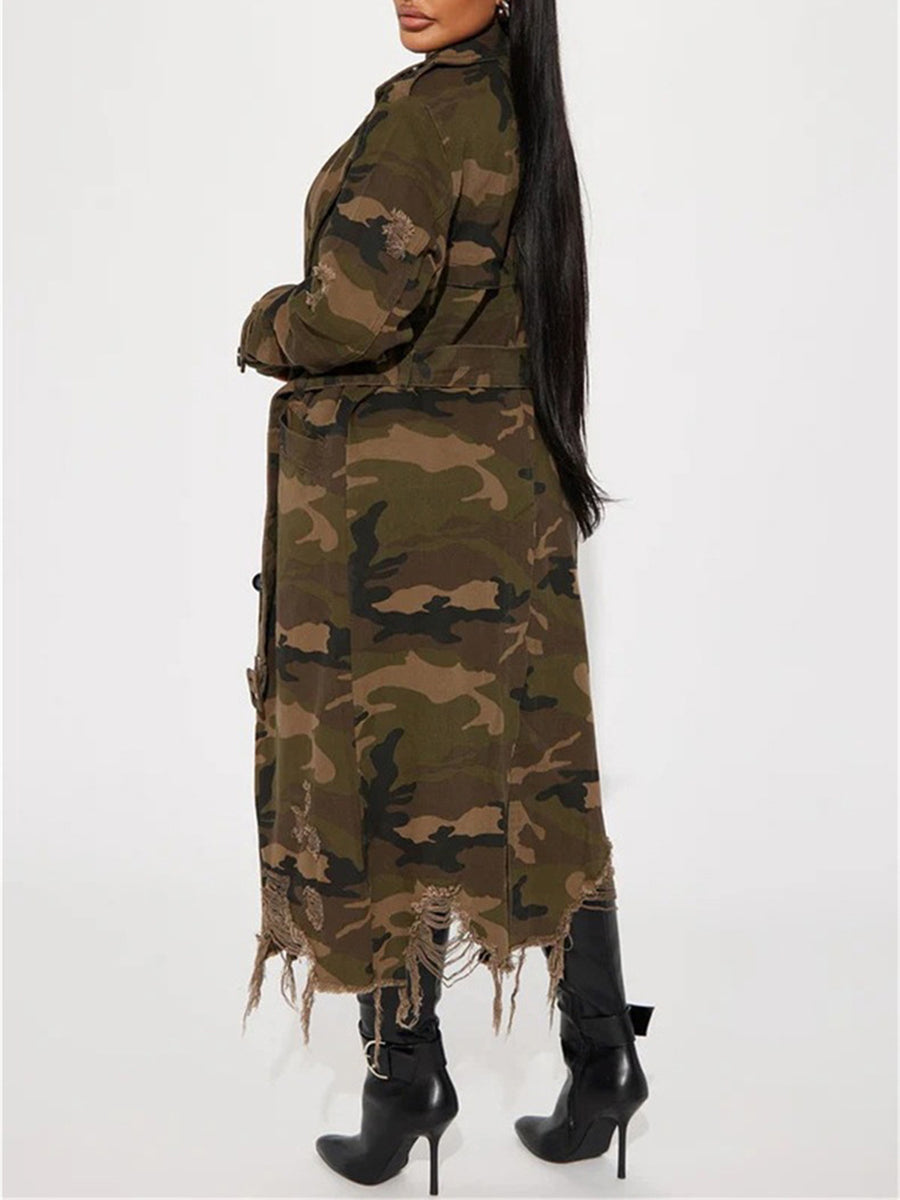 Distressed Camouflage Trench Coat