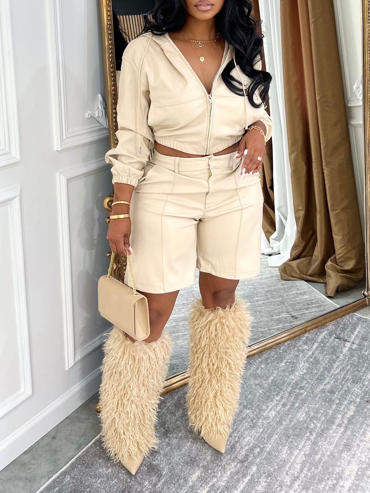 Hooded PU Leather Jacket Shorts Set