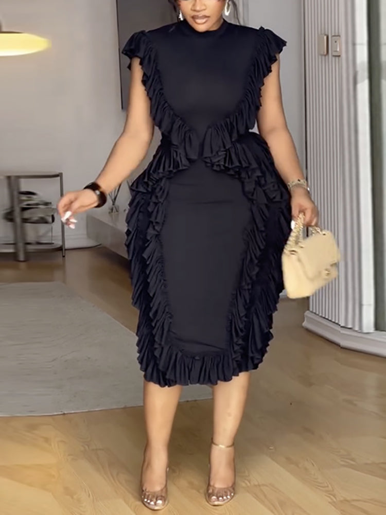 Ruffle Solid Color Midi Dress