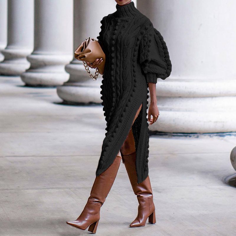 High Collar Slit knit Midi Dress