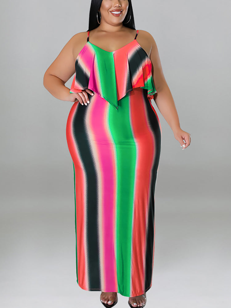 Plus Size Ruffle Strap Rainbow Stripe Print Dress