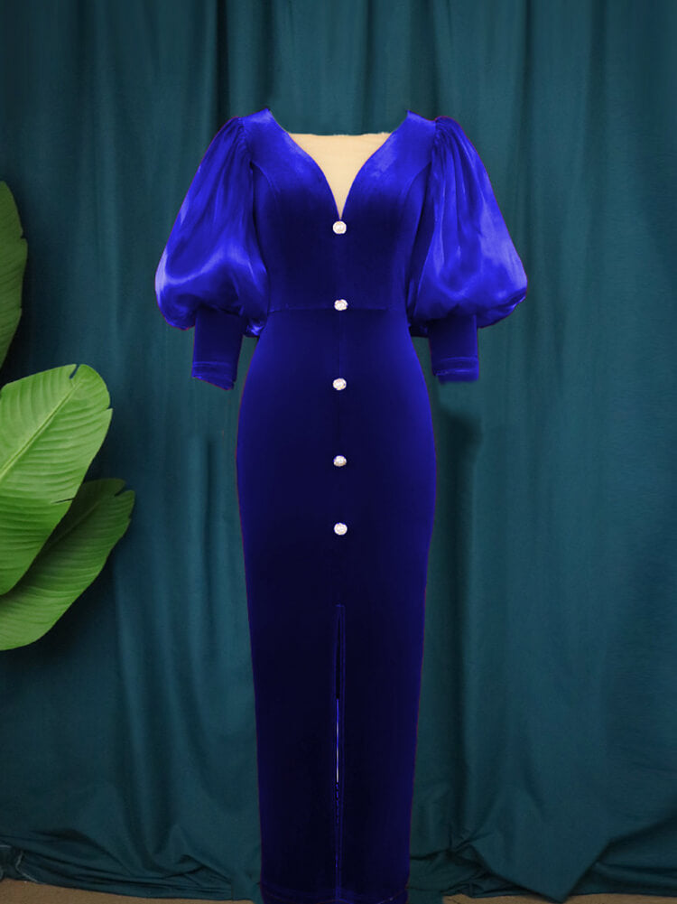 Lantern Sleeve Mesh Patchwork Split Maxi Dress