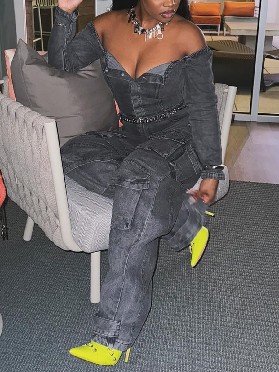 Off-Shoulder Pockets Denim Jumpsuit