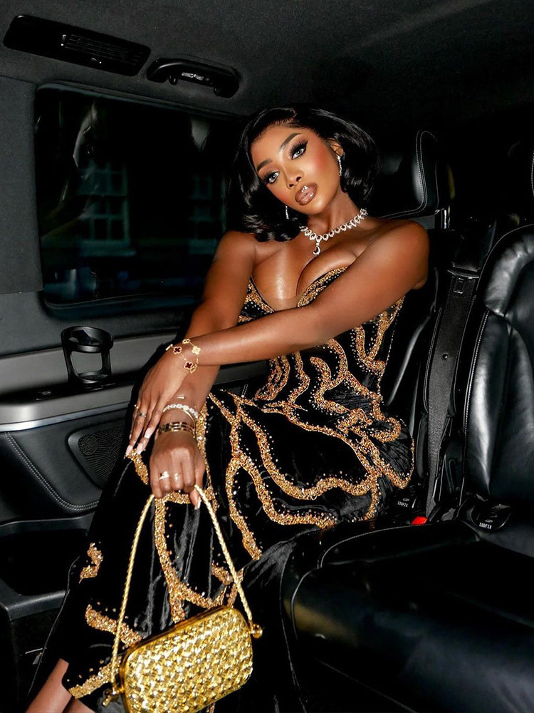 Sequins Strapless Velvet Maxi Dress