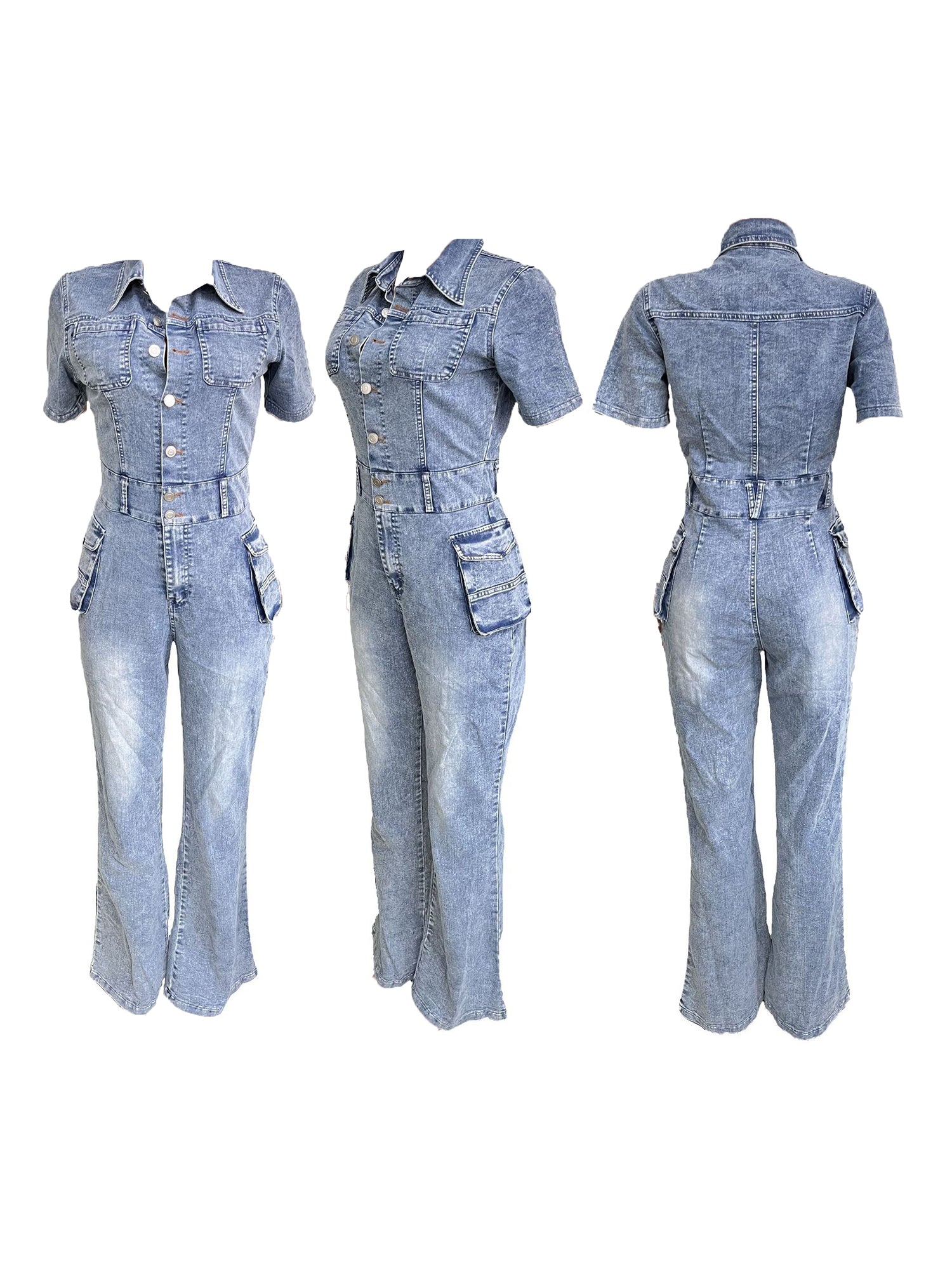Short Sleeve Button Multi-Pocket Denim Jumpsuit