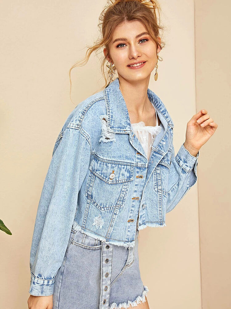 Denim Long Sleeve Ripped Hem Short Jacket