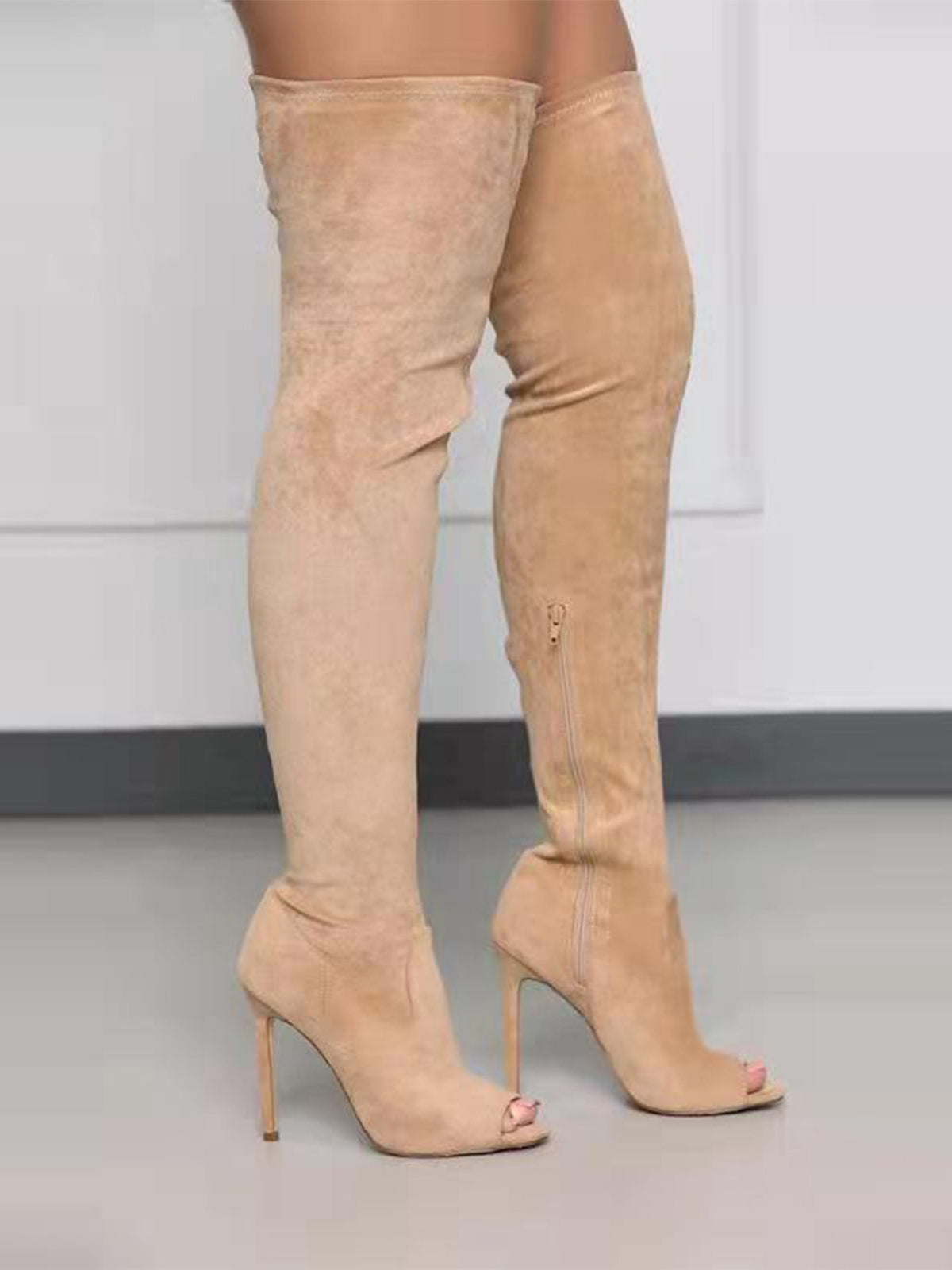 Open-Toe Side Zipper Suede Knee-High Boots