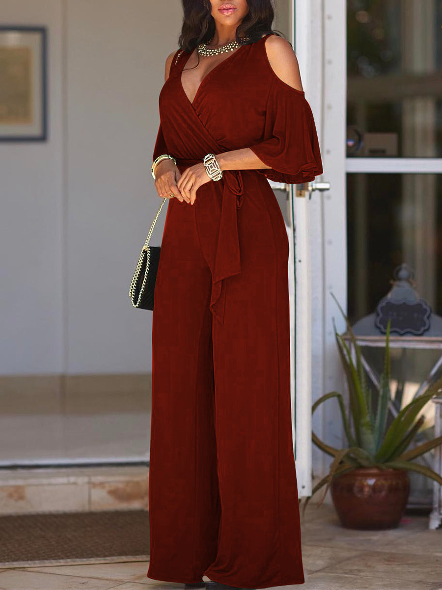 Off-Shoulder Solid Color Wide-Leg Jumpsuit with Belt