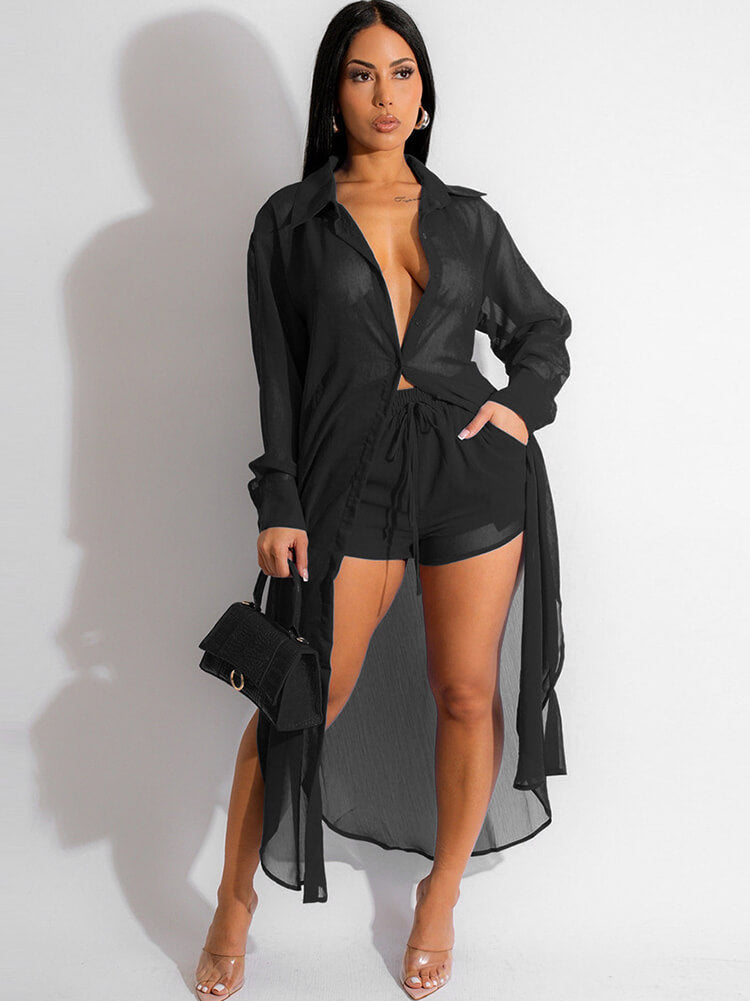 Two Piece Chiffon Long Sleeve Top Shorts