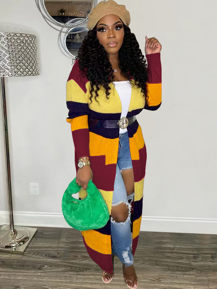 Knit Long Sleeve Color Block Bodycon Cardigan