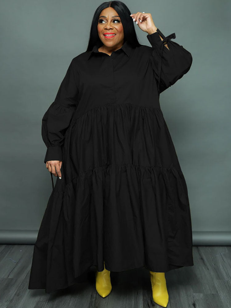 Plus Size Long Sleeves Ruffle Hem Maxi Dress