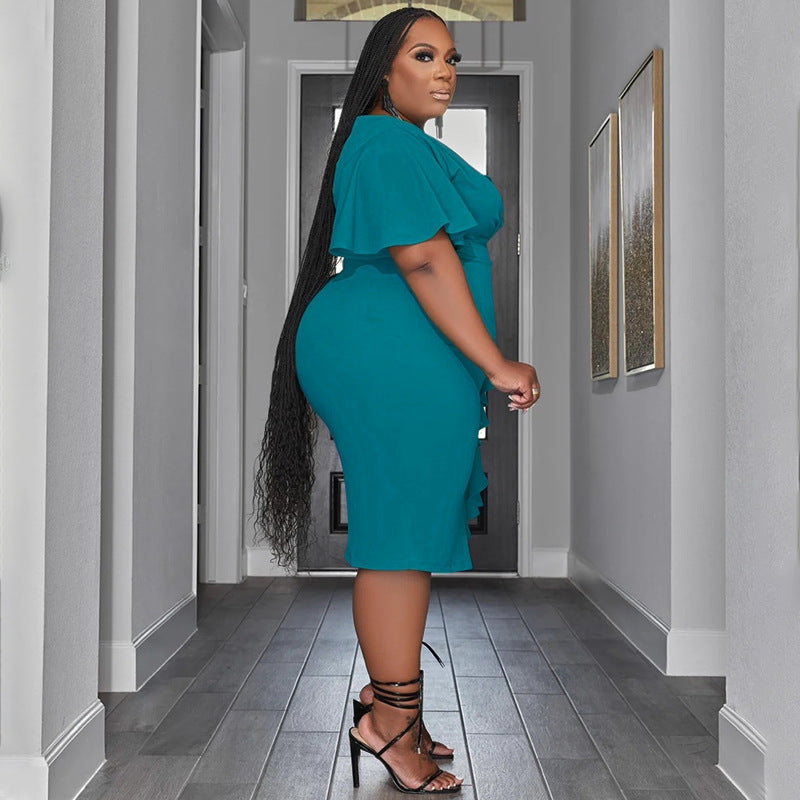 Short Sleeve V Neck Ruffle Midi Dress